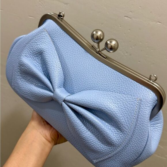 Blue Togo Cowhide Leather Handmade Large Bow Kisslock Bag With 3 Strap Styles - Picture 12 of 16